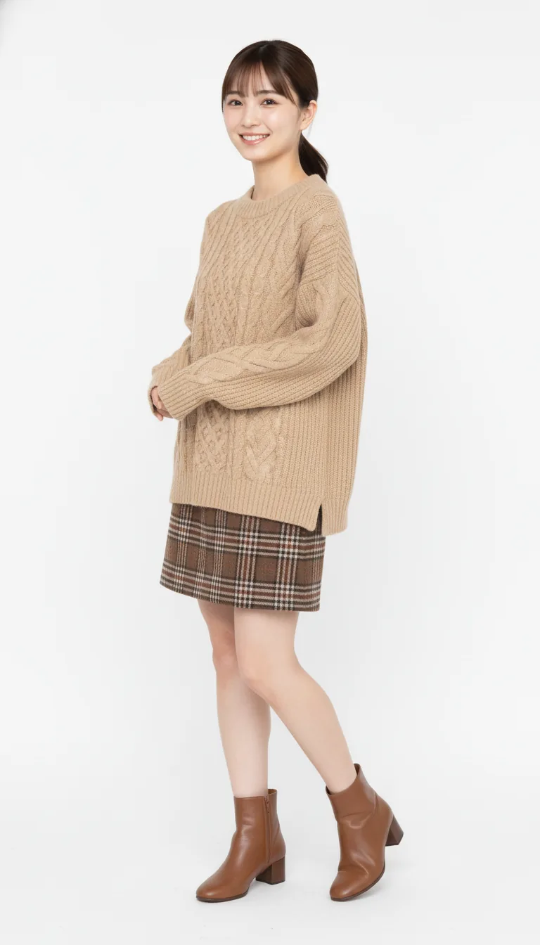 暖色針織衫與格紋裙