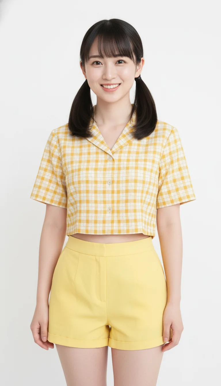 黃色格紋短版上衣與高腰短褲