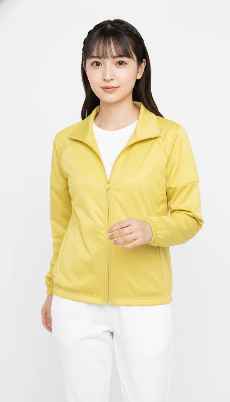 檸檬黃運動夾克與白色褲子