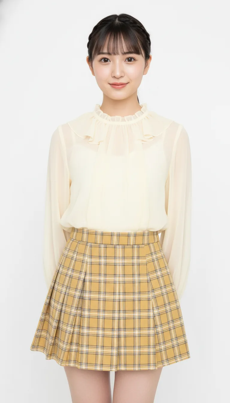 淡黃色雪紡襯衫與格紋短裙
