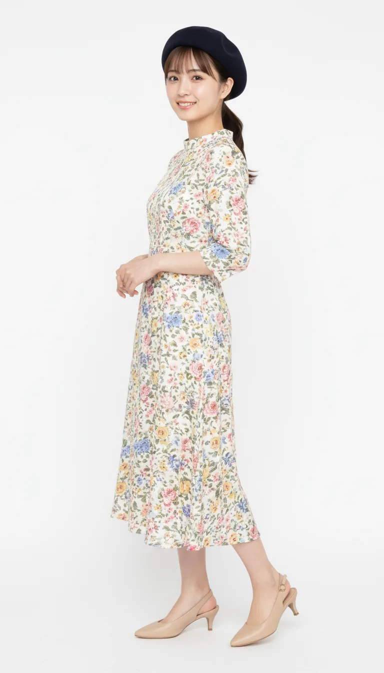 優雅碎花洋裝與貝雷帽