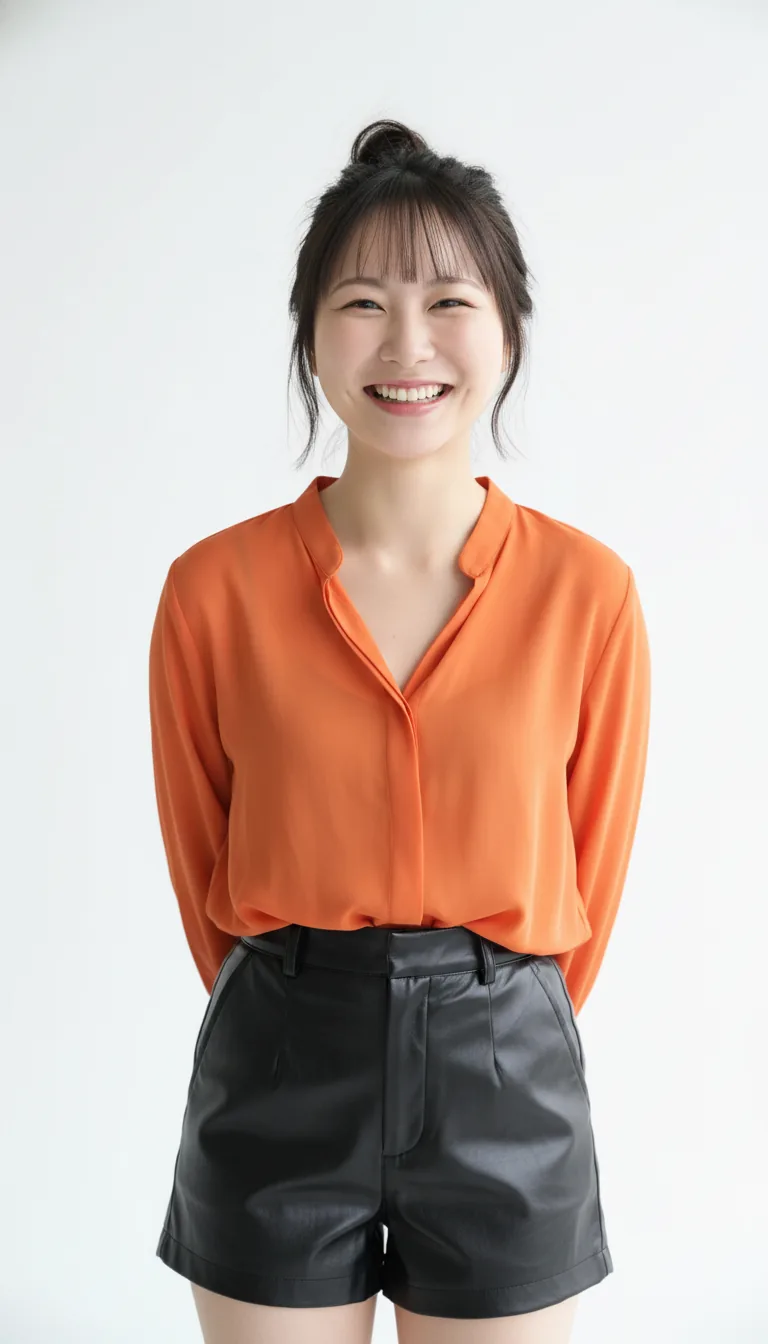 透膚橘色襯衫與皮革短褲