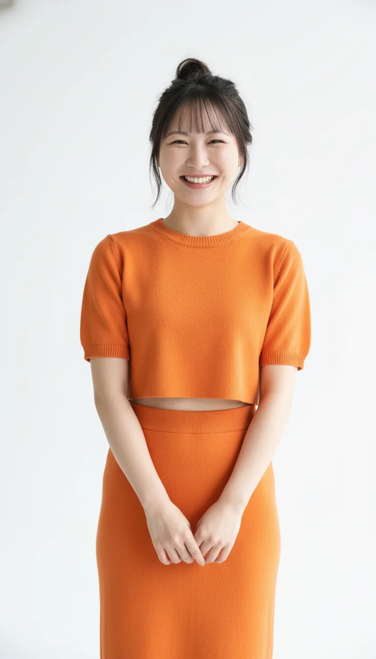 活力橘色露臍裝與高腰裙