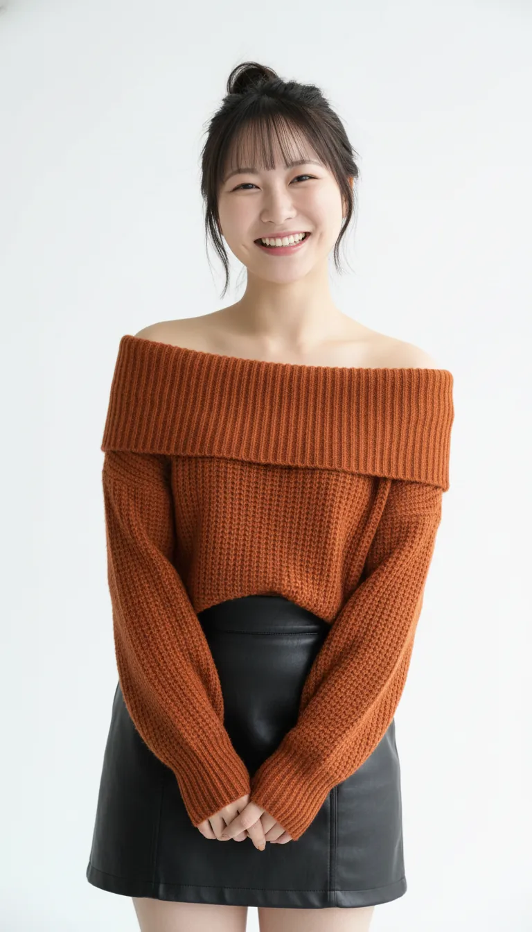 慵懶橘色露肩毛衣與皮裙