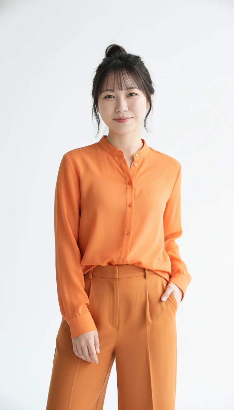 透膚橘色襯衫與闊腿褲