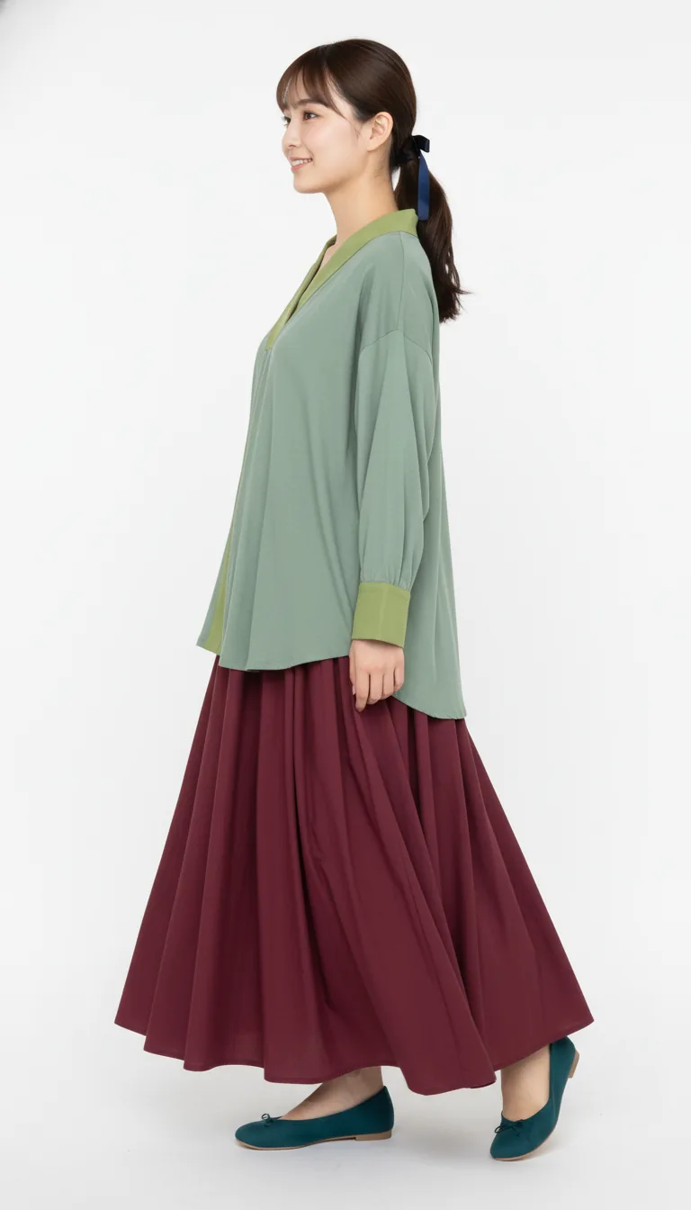 寧靜綠意長袍套裝 - 側影優雅