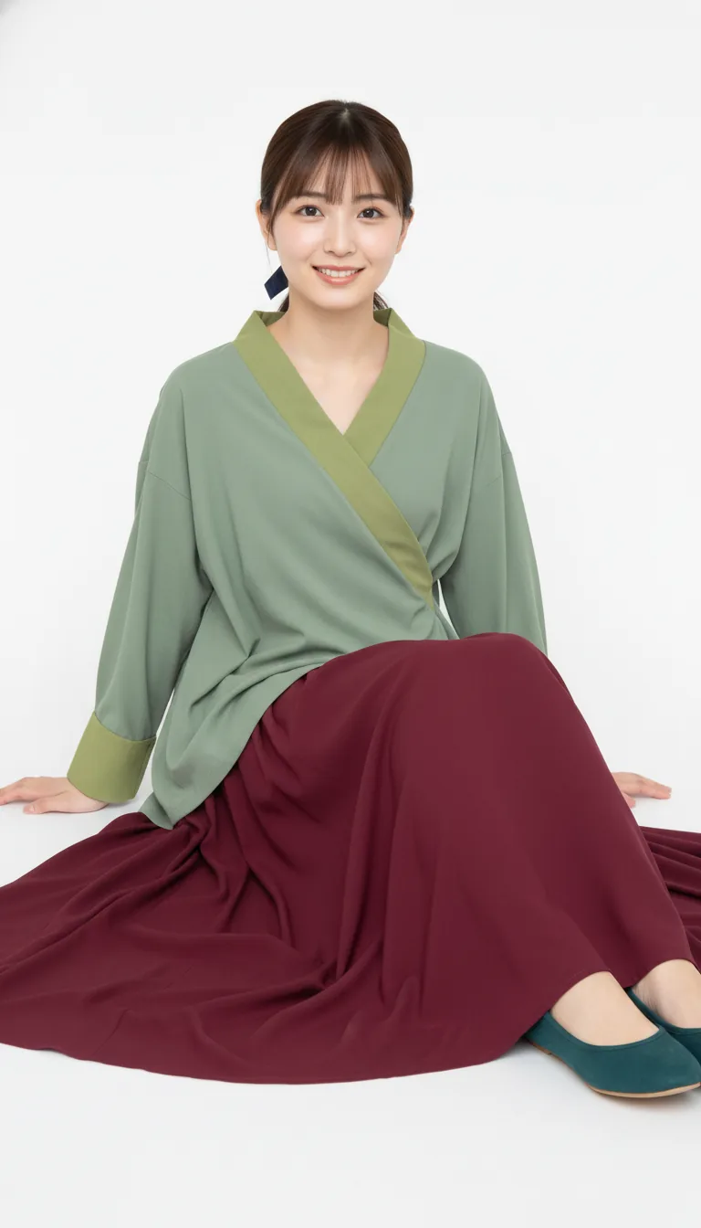 寧靜綠意長袍套裝 - 坐姿閒適