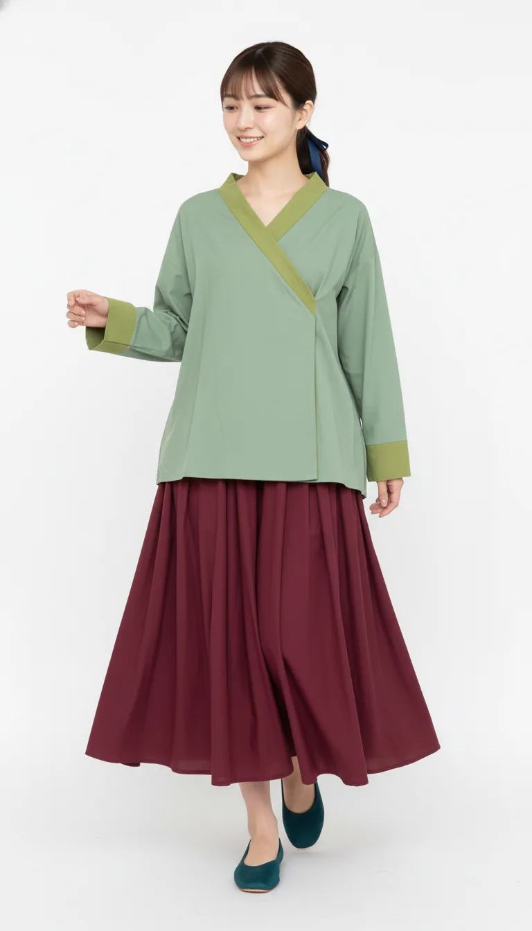 寧靜綠意長袍套裝 - 輕盈漫步