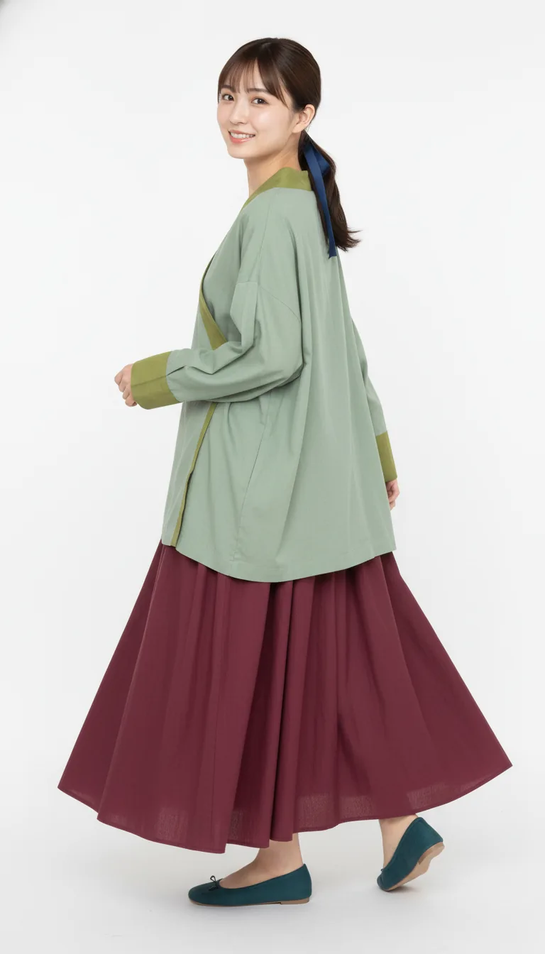 寧靜綠意長袍套裝 - 溫柔回眸