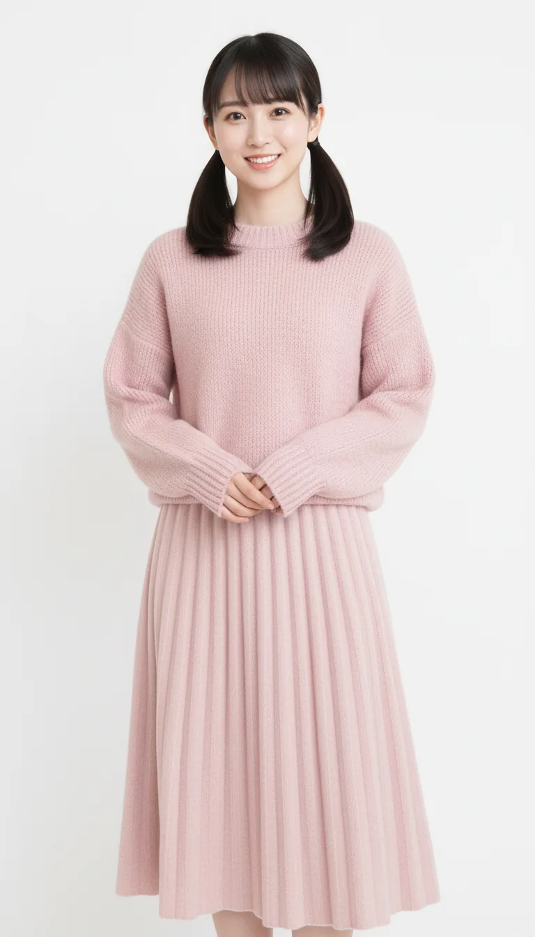 粉色針織毛衣與半身裙