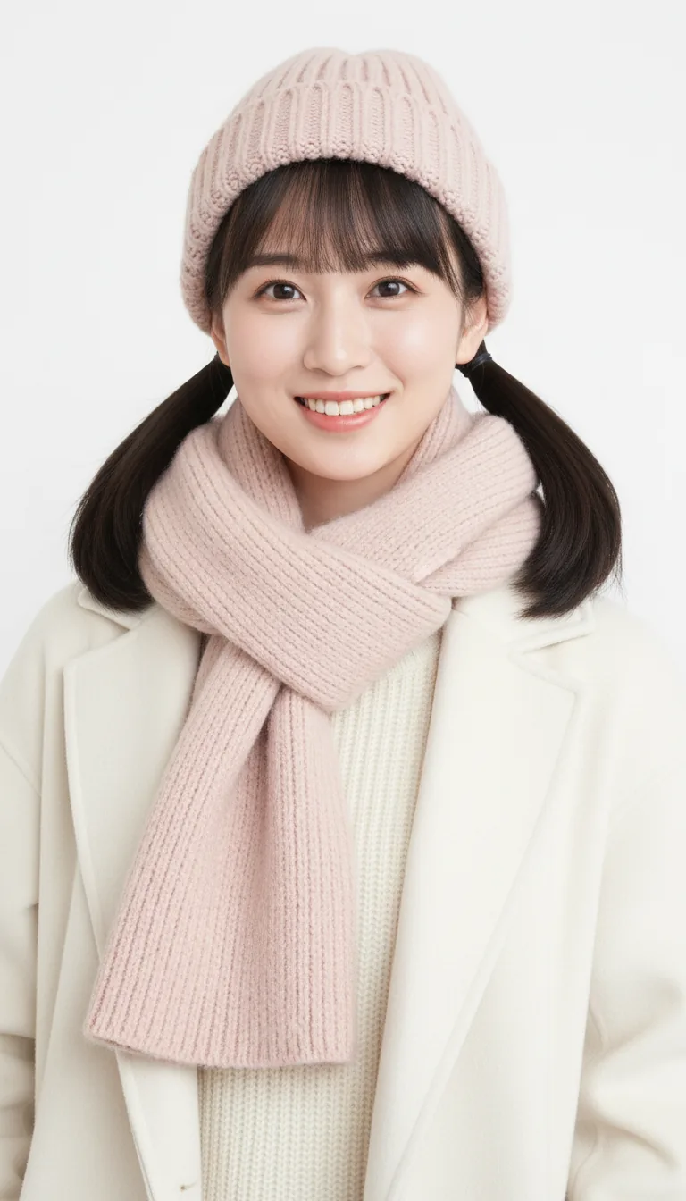 甜美粉色圍巾與毛帽
